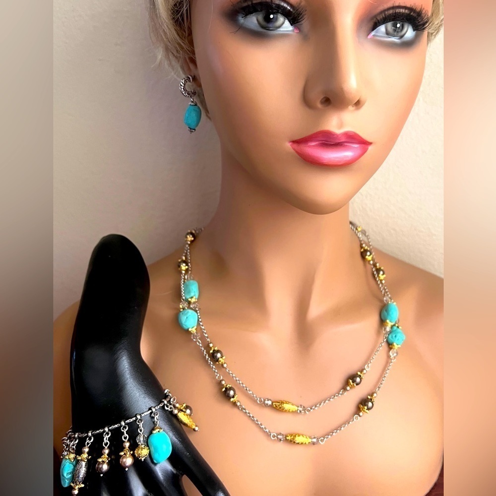 Vintage Signed Brighton Persiana Turquoise Crystal Gray Pearl Long Necklace set.